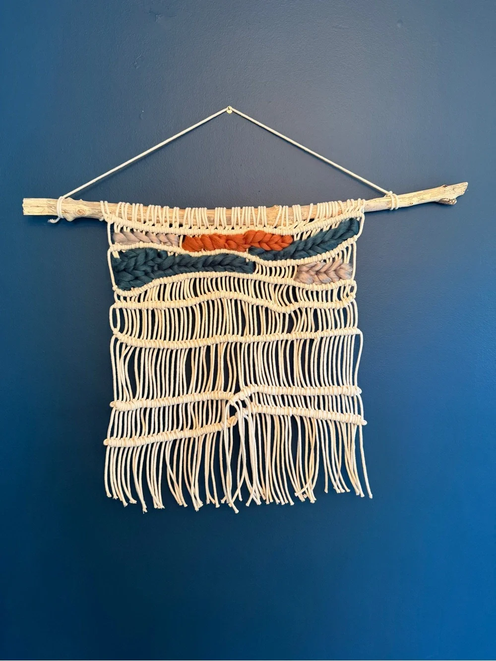 Handwoven Cream Macramé Wall Tapestry with Blue and Rust Accents